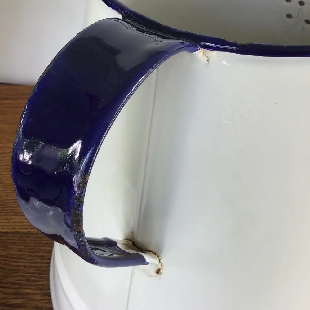 Vintage Enamel White & Blue Coffee Pot & Lid Kettle Enamelware Rustic Antique
